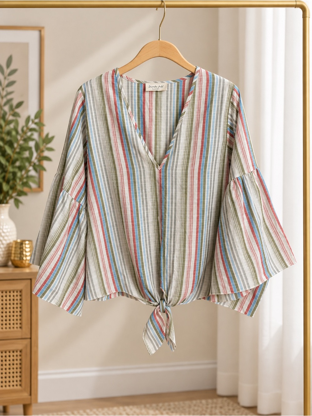 Lavender Field Striped Tie Front Bell Sleeve Boho Blouse Small